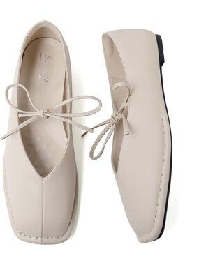 Women's Cream White Square Toe Strap Ballet Flats Lace up Bow Comfortable Shoes
